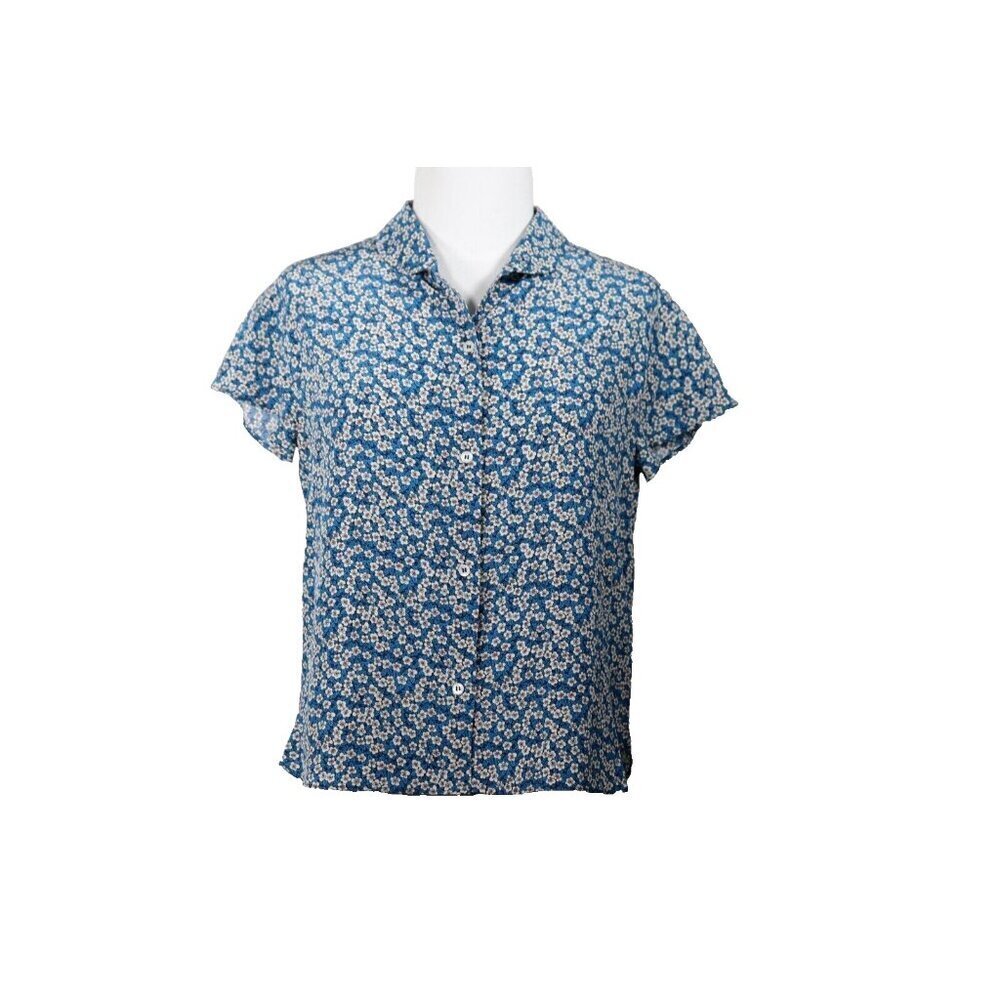 ASPESI Womens 40 Small Blue White Floral Button Up Shirt Silk Cap Sleeves Blouse